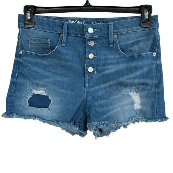 Mossimo SZ 8 Jean Shorts Button-Fly Frayed Hems Distressed Hi-Rise Stretch Blue - Picture 1 of 5